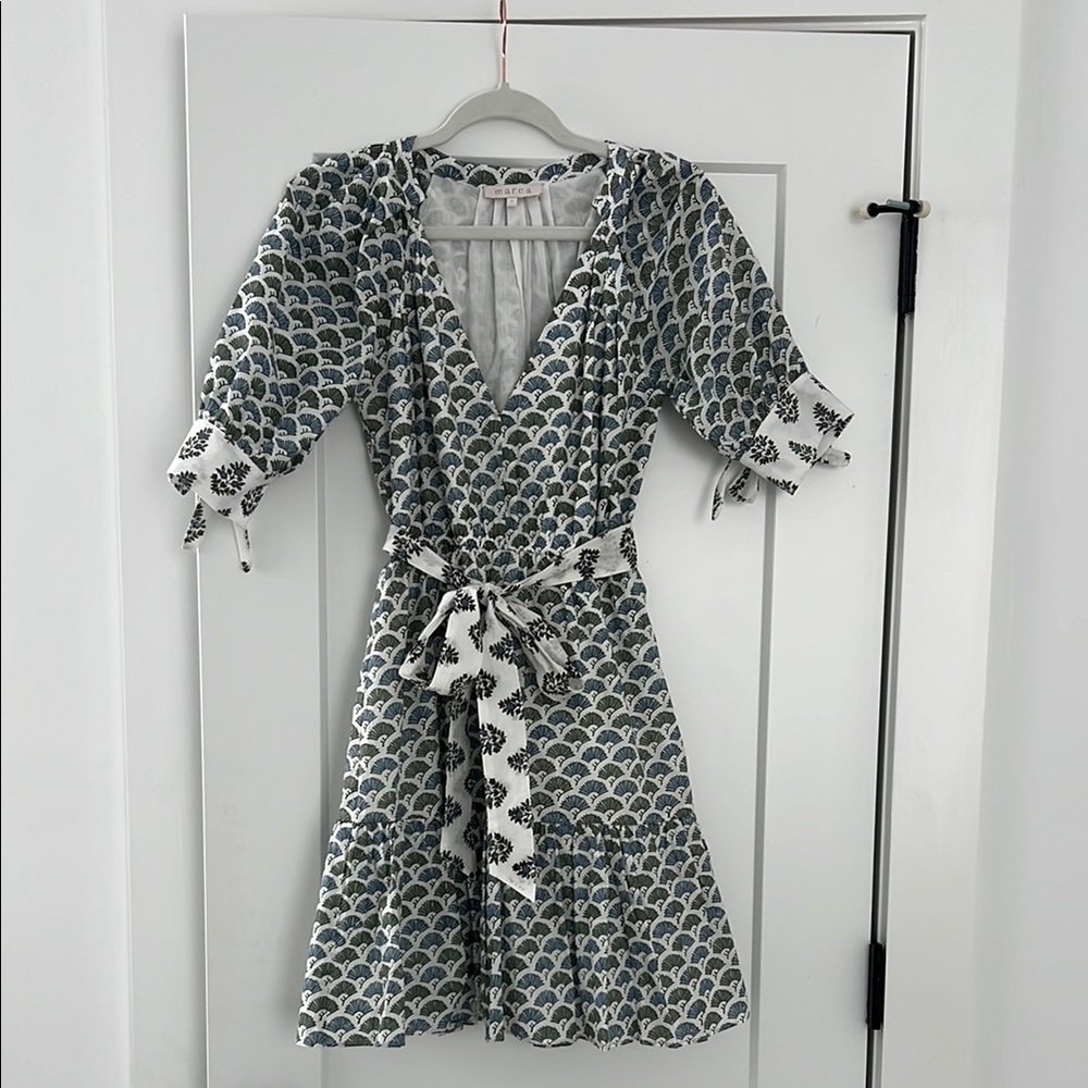 Printed V-Neck Wrap Dress in Blue and White